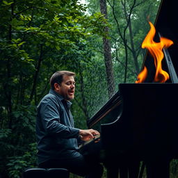A man passionately playing a grand piano in a lush forest setting