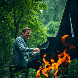 A man passionately playing a grand piano in a lush forest setting