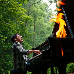 A man passionately playing a grand piano in a lush forest setting