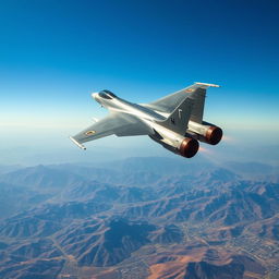 A powerful Iranian Air Force fighter jet soaring through a clear blue sky, showcasing its sleek design and advanced technology