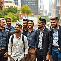 A diverse group of men representing various ethnicities and ages, standing confidently in a vibrant urban setting