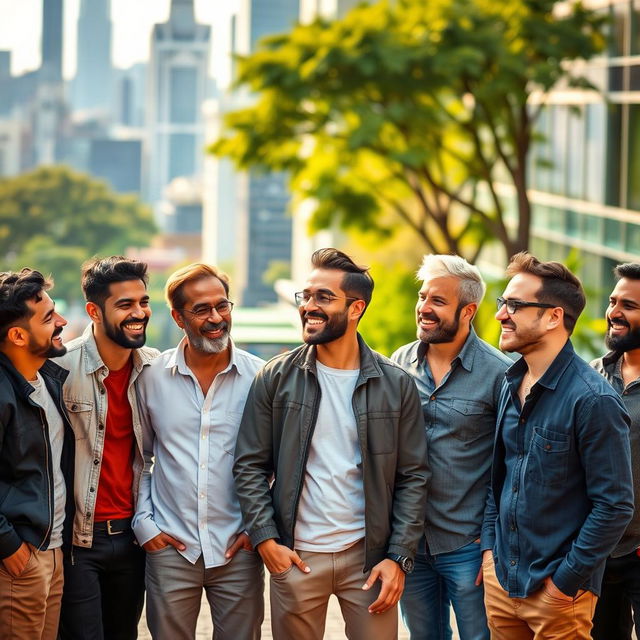 A diverse group of men representing various ethnicities and ages, standing confidently in a vibrant urban setting