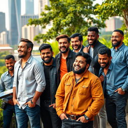 A diverse group of men representing various ethnicities and ages, standing confidently in a vibrant urban setting