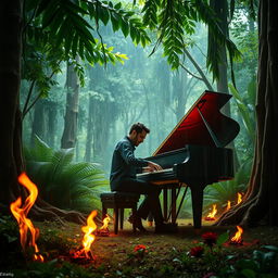 A man skillfully playing a grand piano in the middle of a lush, vibrant forest