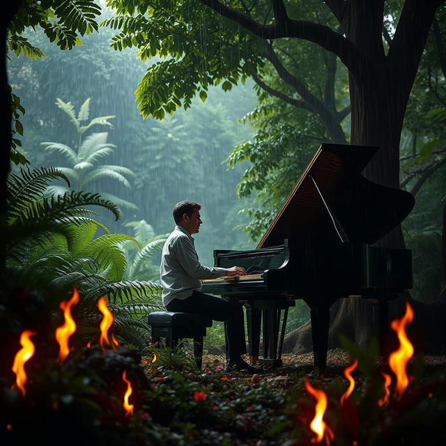 A man skillfully playing a grand piano in the middle of a lush, vibrant forest