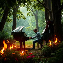 A man skillfully playing a grand piano in the middle of a lush, vibrant forest