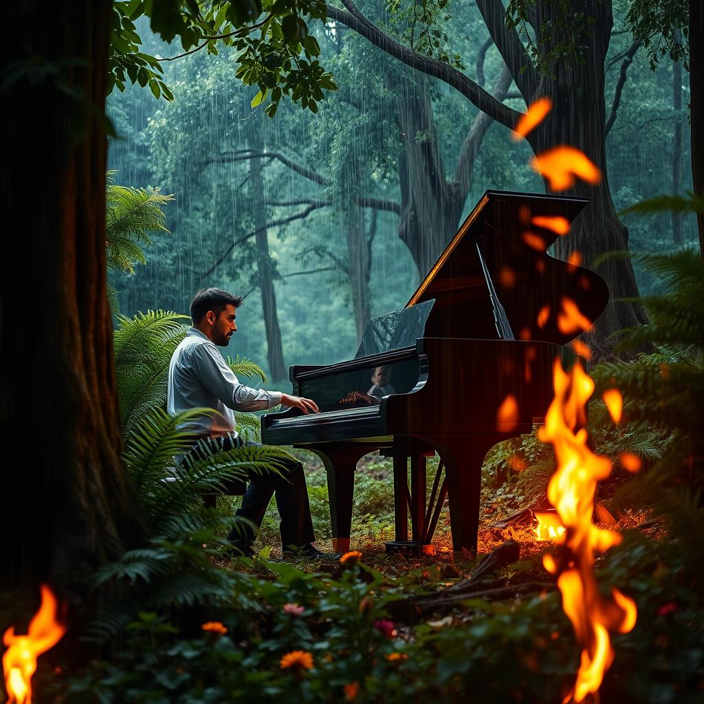 A man skillfully playing a grand piano in the middle of a lush, vibrant forest