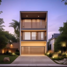 Design a modern three-story building occupying a 100ft x 30ft space with a right-sided garage. The garage features a staircase inside, and the building displays beautiful architectural aesthetics.