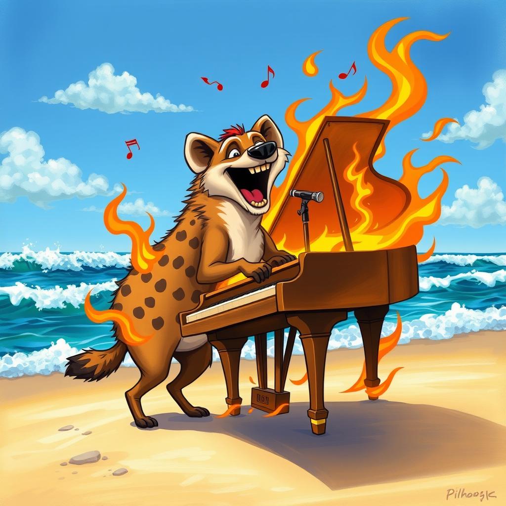 A lively hyena joyfully playing a grand piano on a sandy beach, surrounded by crashing waves under a bright blue sky