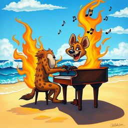 A lively hyena joyfully playing a grand piano on a sandy beach, surrounded by crashing waves under a bright blue sky
