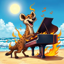 A lively hyena joyfully playing a grand piano on a sandy beach, surrounded by crashing waves under a bright blue sky