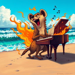 A lively hyena joyfully playing a grand piano on a sandy beach, surrounded by crashing waves under a bright blue sky