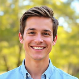 A vibrant and engaging profile picture featuring a confident, smiling individual with short brown hair, wearing a stylish light blue shirt