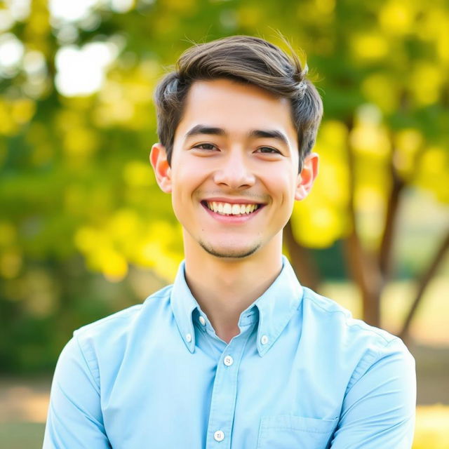 A vibrant and engaging profile picture featuring a confident, smiling individual with short brown hair, wearing a stylish light blue shirt