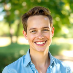 A vibrant and engaging profile picture featuring a confident, smiling individual with short brown hair, wearing a stylish light blue shirt