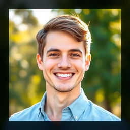 A vibrant and engaging profile picture featuring a confident, smiling individual with short brown hair, wearing a stylish light blue shirt