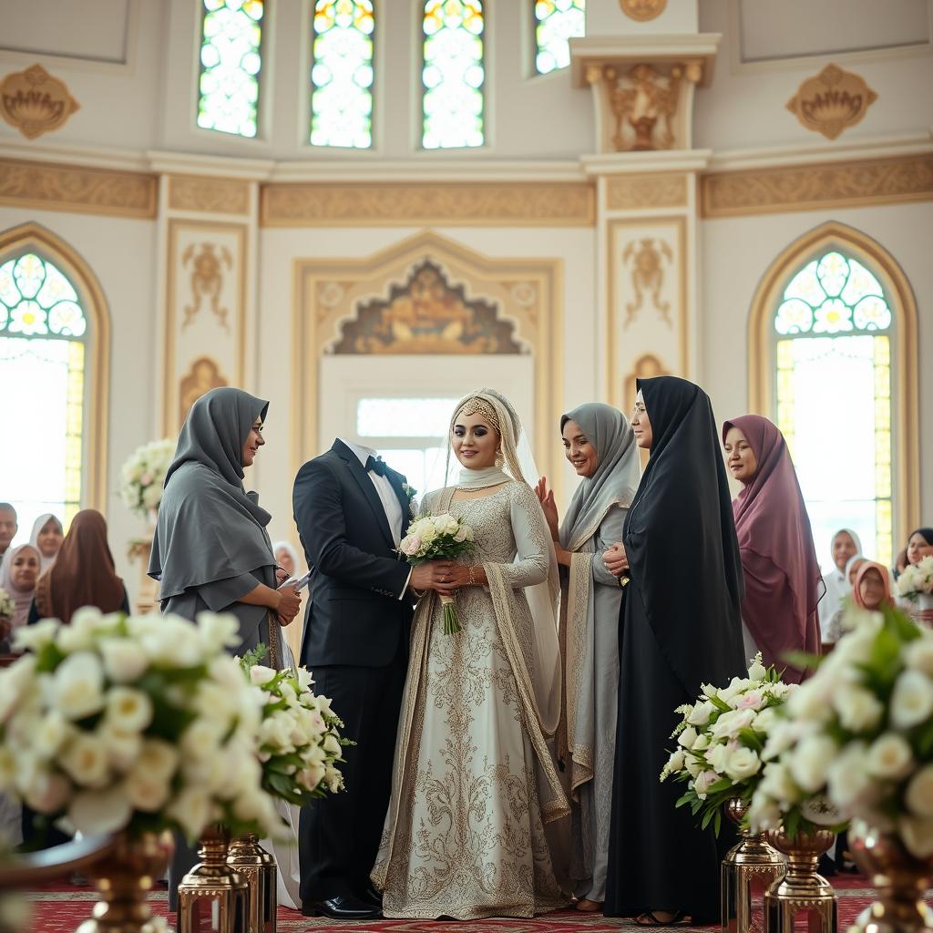 An intimate Islamic marriage ceremony taking place in a beautifully decorated mosque