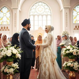 An intimate Islamic marriage ceremony taking place in a beautifully decorated mosque