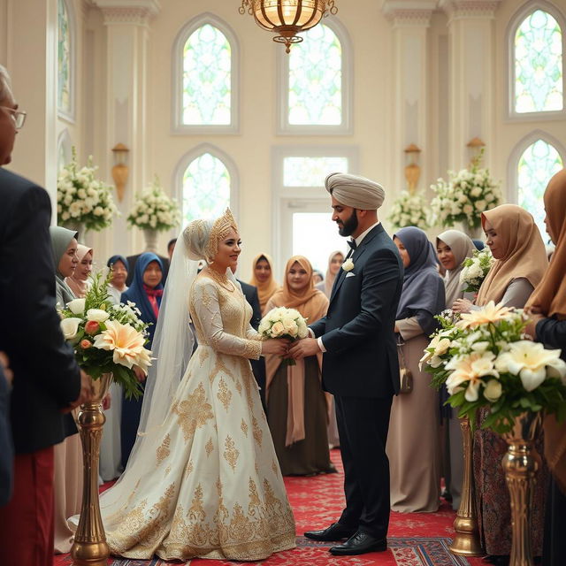 An intimate Islamic marriage ceremony taking place in a beautifully decorated mosque