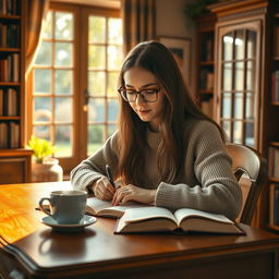 A young woman named Sara is deeply focused on writing a book at her beautiful wooden desk