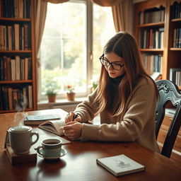 A young woman named Sara is deeply focused on writing a book at her beautiful wooden desk