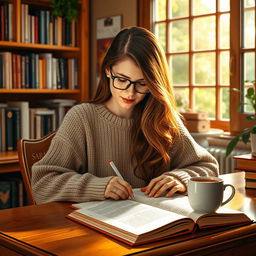 A young woman named Sara is deeply focused on writing a book at her beautiful wooden desk