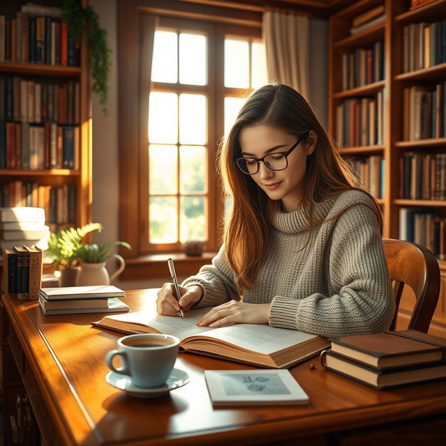 A young woman named Sara is deeply focused on writing a book at her beautiful wooden desk