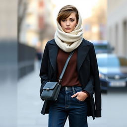 A fashionable girl featuring a stylish brown wolf cut hairstyle, dressed in wide-leg dark blue jeans and a sleek black jacket over a rich chocolate brown polo neck