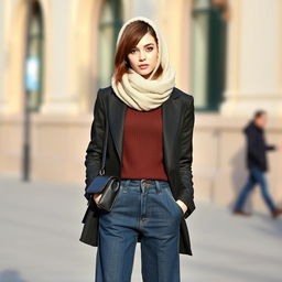 A fashionable girl featuring a stylish brown wolf cut hairstyle, dressed in wide-leg dark blue jeans and a sleek black jacket over a rich chocolate brown polo neck