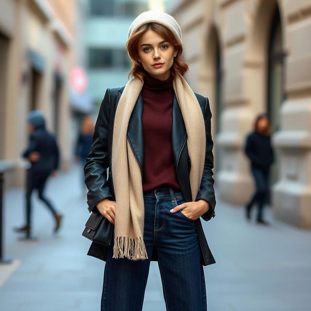 A fashionable girl featuring a stylish brown wolf cut hairstyle, dressed in wide-leg dark blue jeans and a sleek black jacket over a rich chocolate brown polo neck