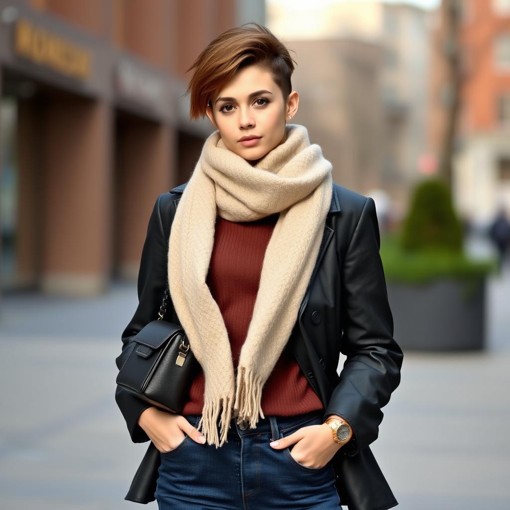 A fashionable girl featuring a stylish brown wolf cut hairstyle, dressed in wide-leg dark blue jeans and a sleek black jacket over a rich chocolate brown polo neck