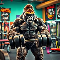A powerful and muscular gorilla working out in a gym setting, surrounded by various gym equipment like weights, benches, and resistance bands