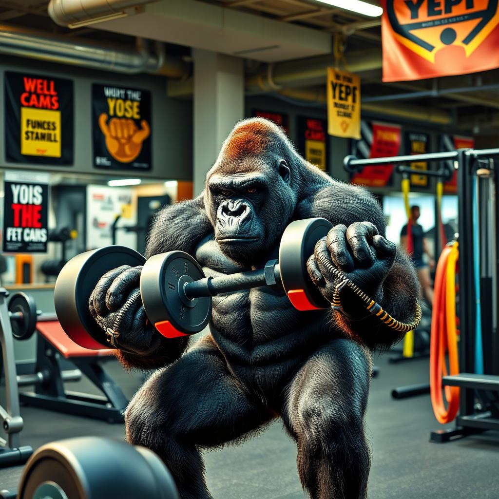 A powerful and muscular gorilla working out in a gym setting, surrounded by various gym equipment like weights, benches, and resistance bands