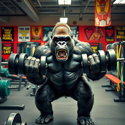 A powerful and muscular gorilla working out in a gym setting, surrounded by various gym equipment like weights, benches, and resistance bands