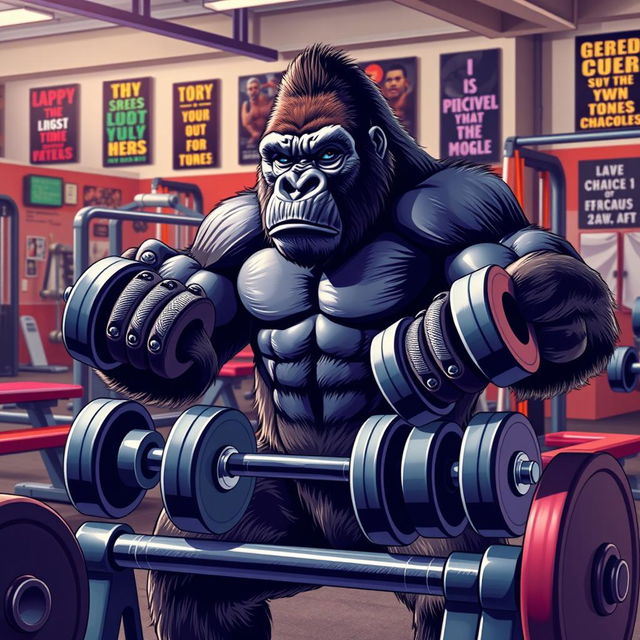 A powerful and muscular gorilla working out in a gym setting, surrounded by various gym equipment like weights, benches, and resistance bands