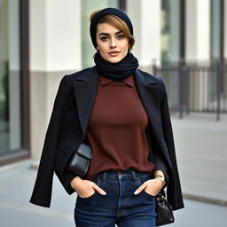 A young woman with stylish brown wolf cut hair, wearing wide leg dark blue jeans and a fitted black jacket over a rich chocolate brown polo neck top