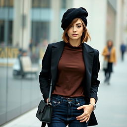 A young woman with stylish brown wolf cut hair, wearing wide leg dark blue jeans and a fitted black jacket over a rich chocolate brown polo neck top