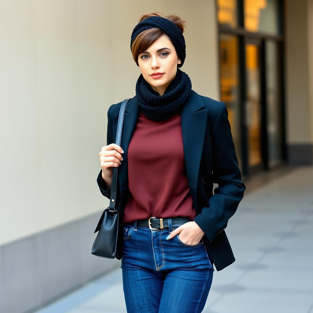 A young woman with stylish brown wolf cut hair, wearing wide leg dark blue jeans and a fitted black jacket over a rich chocolate brown polo neck top