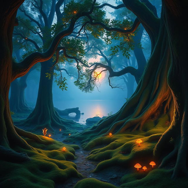 A mystical forest scene during twilight, featuring tall, ancient trees with sprawling roots and vibrant green foliage