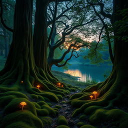 A mystical forest scene during twilight, featuring tall, ancient trees with sprawling roots and vibrant green foliage