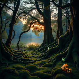 A mystical forest scene during twilight, featuring tall, ancient trees with sprawling roots and vibrant green foliage