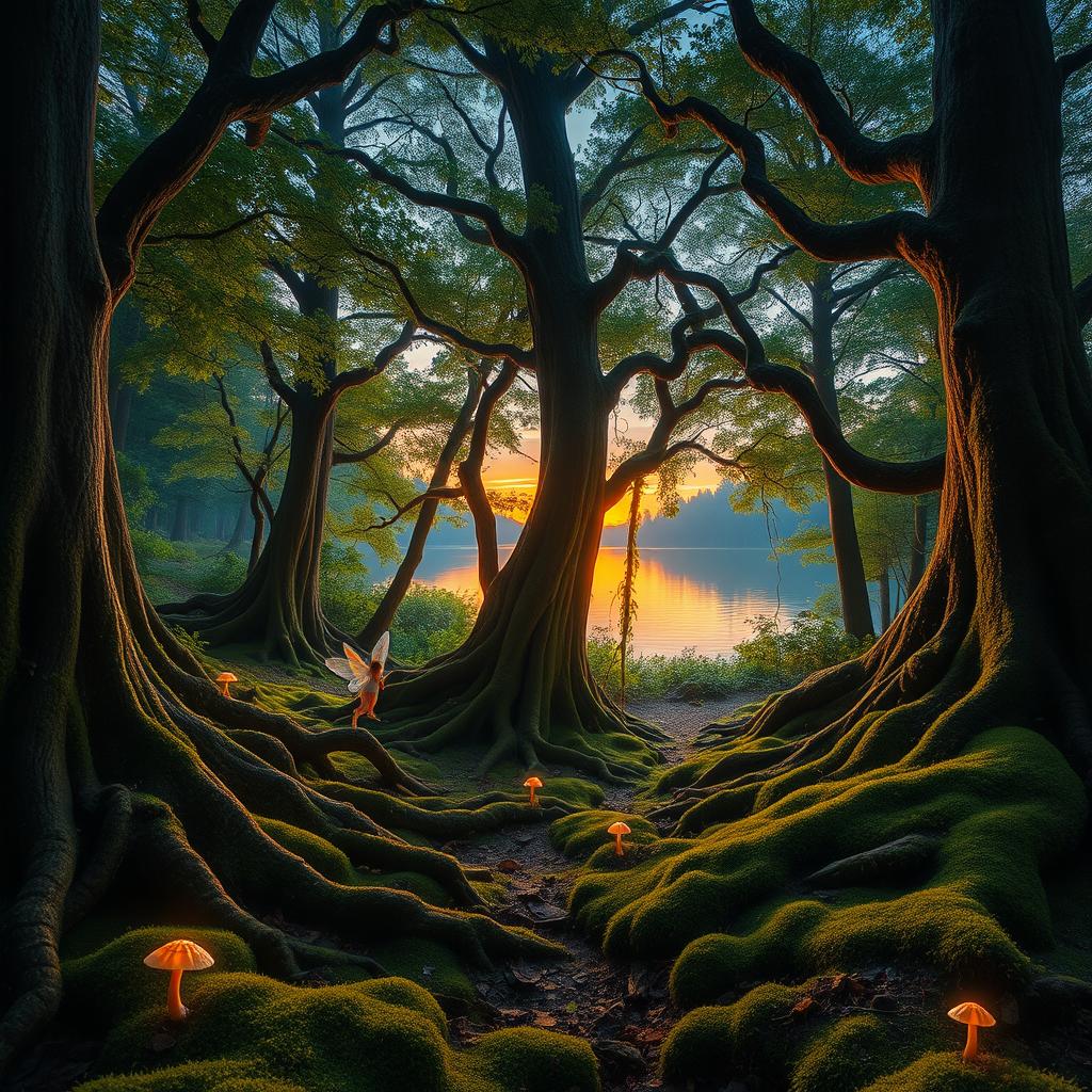 A mystical forest scene during twilight, featuring tall, ancient trees with sprawling roots and vibrant green foliage