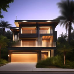 Design a modern three-story building occupying a 100ft x 30ft space with a right-sided garage. The garage features a staircase inside, and the building displays beautiful architectural aesthetics.