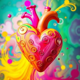 A large, vibrant heart filled with joyful and positive colors like bright pink, sunny yellow, and lively green, radiating happiness and warmth