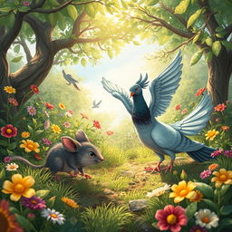 A whimsical scene of nature in chaos, featuring a clever mouse stealthily hunting a pigeon