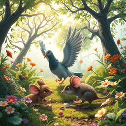 A whimsical scene of nature in chaos, featuring a clever mouse stealthily hunting a pigeon