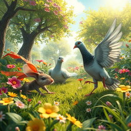A whimsical scene of nature in chaos, featuring a clever mouse stealthily hunting a pigeon