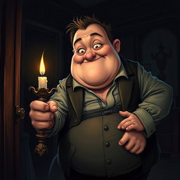A chubby man with a broken waist is stealthily stealing a candle from a dark, mysterious room