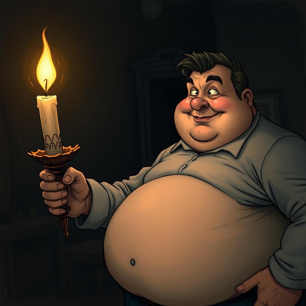 A chubby man with a broken waist is stealthily stealing a candle from a dark, mysterious room