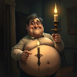 A chubby man with a broken waist is stealthily stealing a candle from a dark, mysterious room